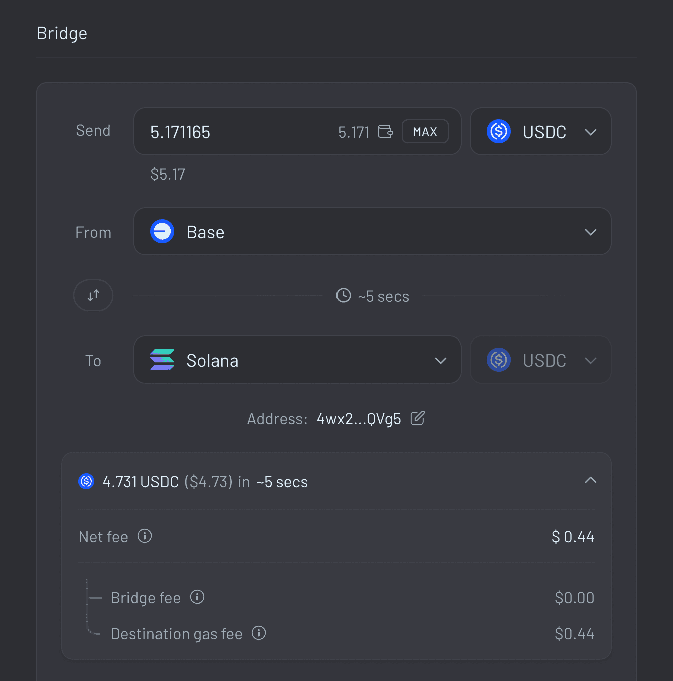 Solana Bridge SEO Blog Post (SS 7) Review the estimated bridge time and fees.